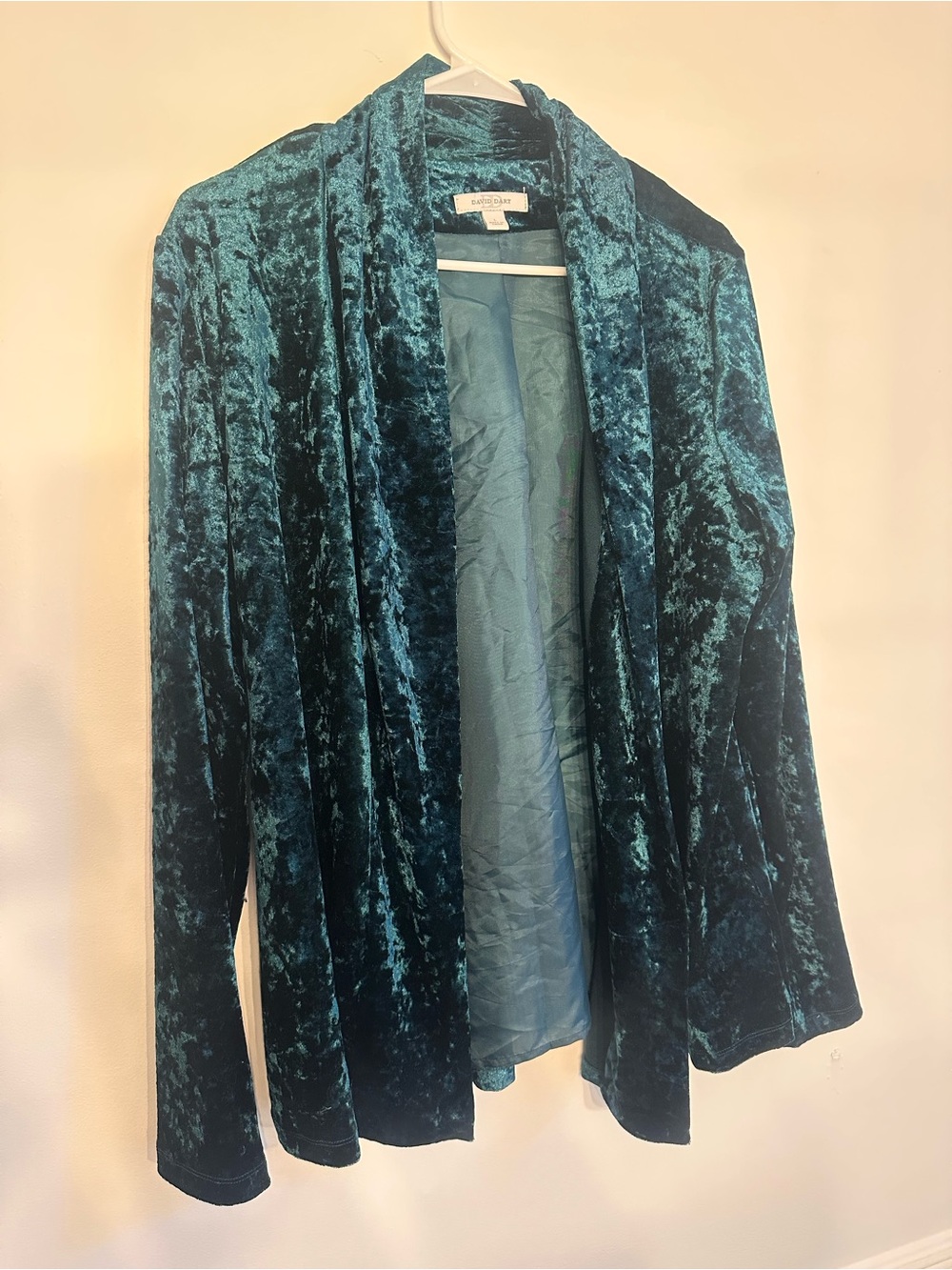 David Dart Emerald Green Crushed Velvet Open Front Jacket Size L